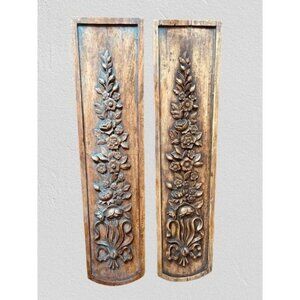 Vintage Hand-Carved Wooden Floral Wall Panels Set Of 2 Decorative Home Art Décor